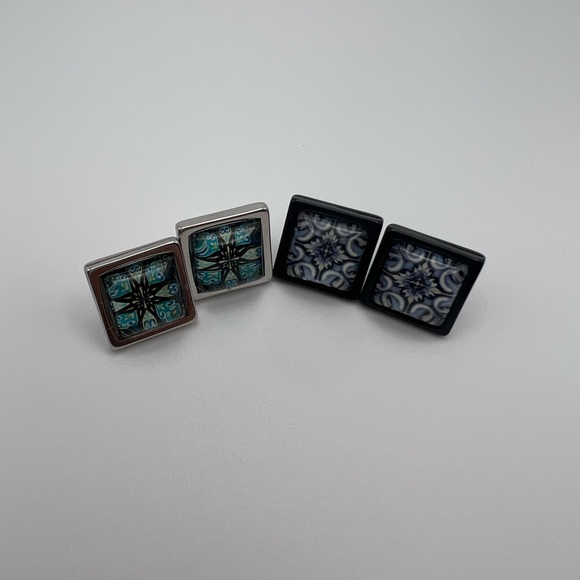 Classic Square Stud Earrings - Black and Silver Trendy Stud Earring Set - Picture 4 of 15